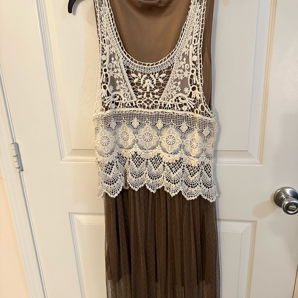 Brown Dress with Cream Lace Overlay